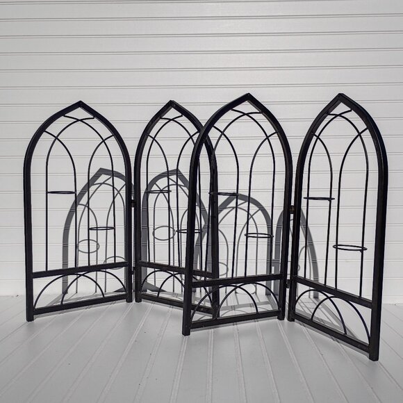 Cathedral Window Votive Candle Holders Gothic Black Wrought Iron Pair Arched Vtg - Picture 1 of 16